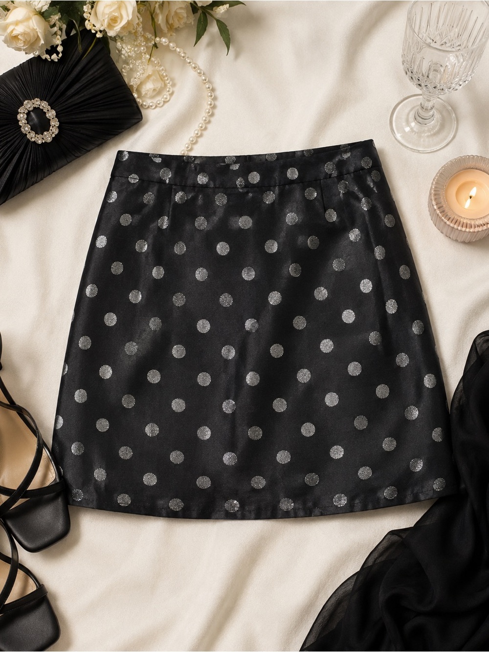 J.Crew Black & Silver Metallic Polka Dot A-Line Skirt Size 4